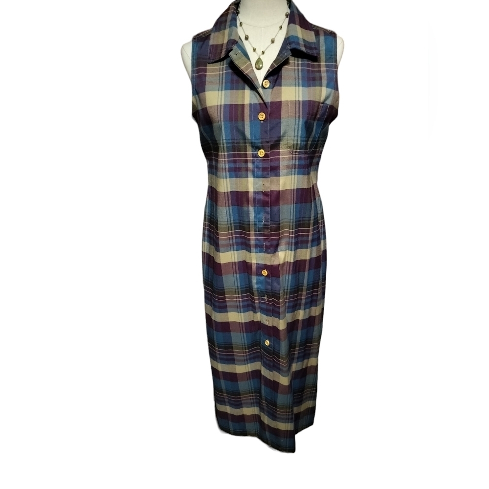 2465)Vtg 90's Expressions Multicolor Plaid Sleeveless Collar Shirt Dress Size 12